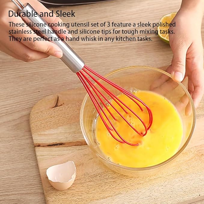 Silicone Whisk set of 3, 8+10+12in Kitchen Balloon Wire Whisks, Hand Egg Mixer Beater for Cooking