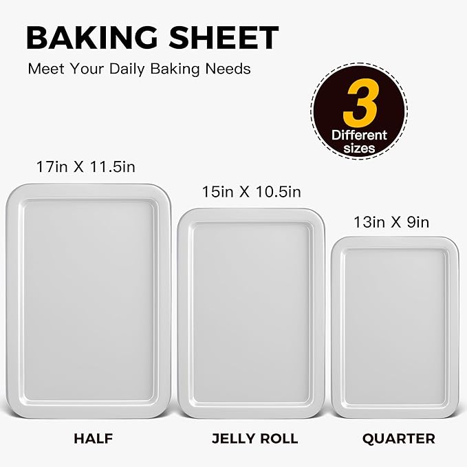 HONGBAKE Cookie Sheet, Baking Sheet Set, Nonstick Oven Pan with Wider Grips,3 Pack, Avoid Too Much Browning -Noble Silver - Image 3