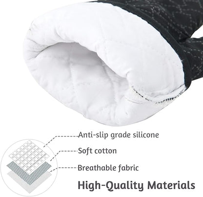 4Pcs Oven Mitts and Pot Holders Set, 572F Heat Resistant Oven Glove, Soft Cotton Lining with Non-Slip Surface for Kitchen Baking BBQ (Black) - Image 2