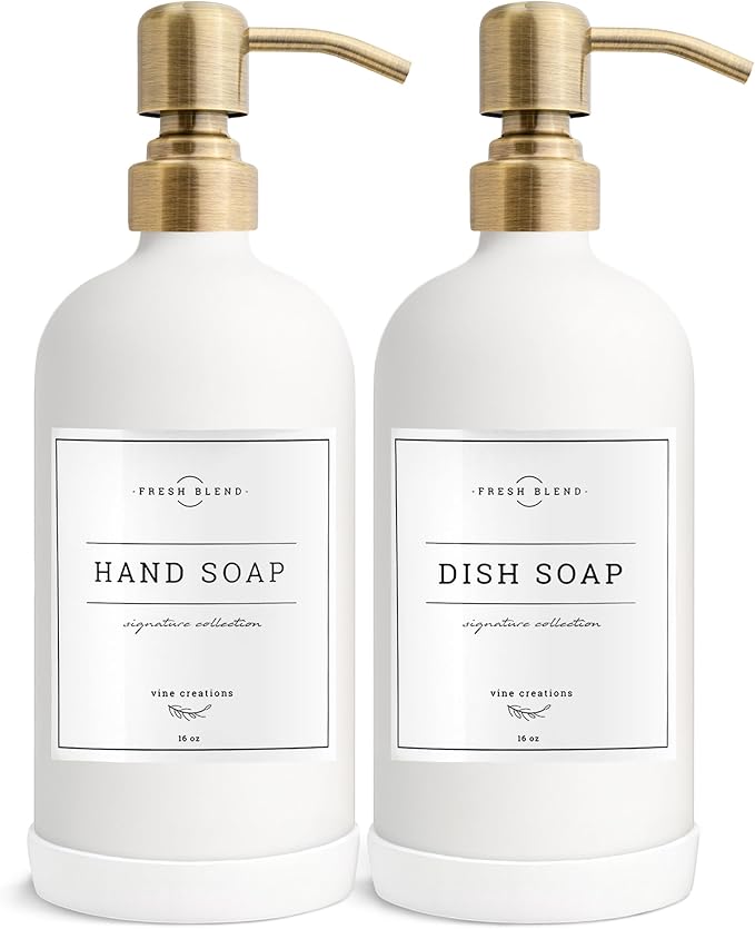 Vine Creations White Glass Soap Dispenser, 2 Pack Kitchen Soap Dispenser Set with Stainless Steel Pump, 16 oz Dish Soap and Hand Soap Dispensers for Bathroom with Waterproof Labels by VineCreations