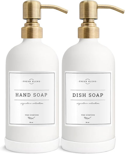 Vine Creations White Glass Soap Dispenser, 2 Pack Kitchen Soap Dispenser Set with Stainless Steel Pump, 16 oz Dish Soap and Hand Soap Dispensers for Bathroom with Waterproof Labels by VineCreations