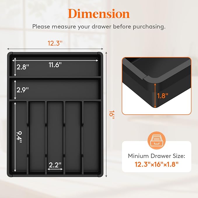 Lifewit Silverware Drawer Organizer Tray, Plastic Cutlery Storage for Kitchen, Flatware and Utensil Holder Divider for Spoons Forks Knives Tableware, 12.3 x 16", 7 Slots, Black - Image 3