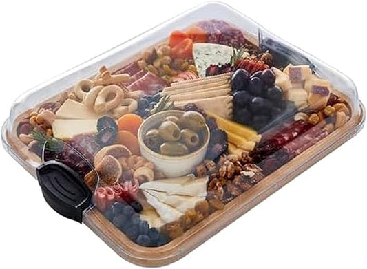 Farberware Build-A-Board Bamboo Cutting Board with Single Storage Compartment, Clear Locking Lid, Black Handles, Perfect for Charcuterie & Snacks