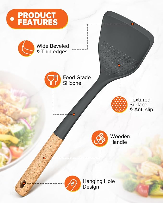 Silicone Cooking Utensils Set, Perfectly Angled for Frying, Mixing,Serving,Draining,Turning and Stirring, BPA-Free Matte Silicone, Wood Handles, Safe for Nonstick Cooking Surfaces,4 Pack (Grey) - Image 4