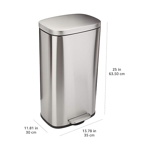 Amazon Basics Smudge Resistant Rectangular Trash Can with Soft-Close Lid, Foot Pedal, Removable Inner Bucket, 30 Liter/7.9 Gallon, Brushed Stainless Steel, Satin Nickel Finish, 13.8"L x 11.8"W x 25"H - Image 3