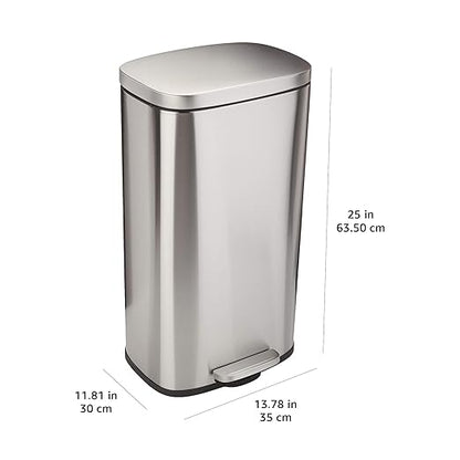 Amazon Basics Smudge Resistant Rectangular Trash Can with Soft-Close Lid, Foot Pedal, Removable Inner Bucket, 30 Liter/7.9 Gallon, Brushed Stainless Steel, Satin Nickel Finish, 13.8"L x 11.8"W x 25"H - Image 3