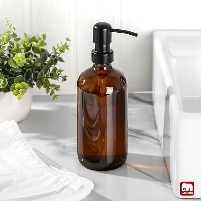 GMISUN Amber Glass Soap Dispenser, 1 Pack Dish Soap Dispensers for Kitchen with Rustproof Stainless Steel Pump, 17 Fl Oz Bathroom Hand Soap Dispenser, Brown Liquid Dishwashing Dispensers Bottle - Image 4