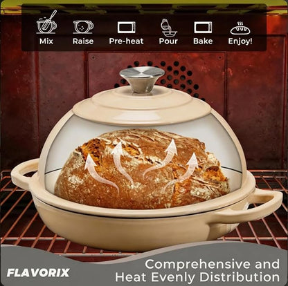 Cast Iron Bread Oven for Sourdough, 6Qt Bread Baking Pan with Lid, Enameled Sourdough Dutch Oven for Bread Baking, Oven Safe up to 482℉, Latte