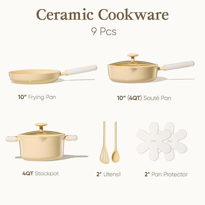 CAROTE Pots and Pans Set Nonstick, Ceramic Cookware Set, Yellow Cooking Set Kitchen Induction Set with Steamer, PFAS PTFE Free,9 Piece - Image 2