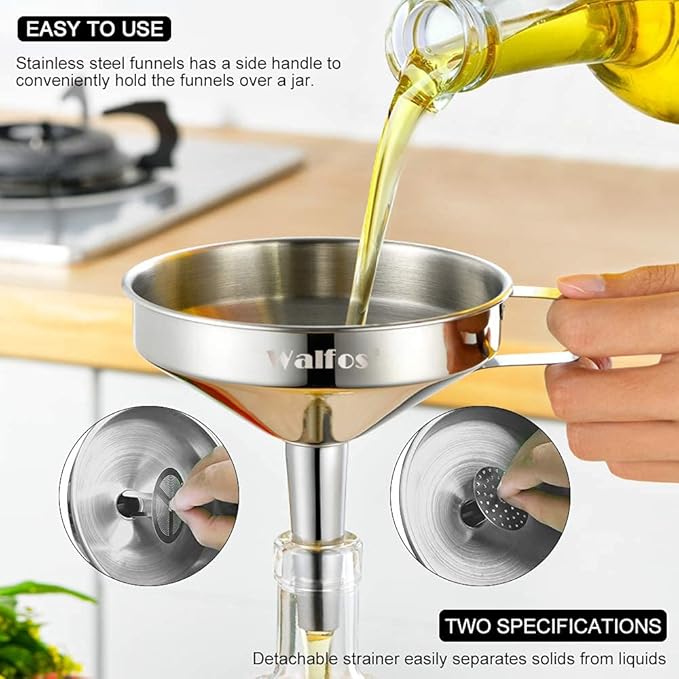 Large Stainless Steel Funnel, Walfos Kitchen Funnel with 2 Removable Strainer ＆ 1Pc Cleaning Brush, Perfect for Transferring of Liquid, Oils, Jam, Dry Ingredients & Powder (Big, 5.7") - Image 2