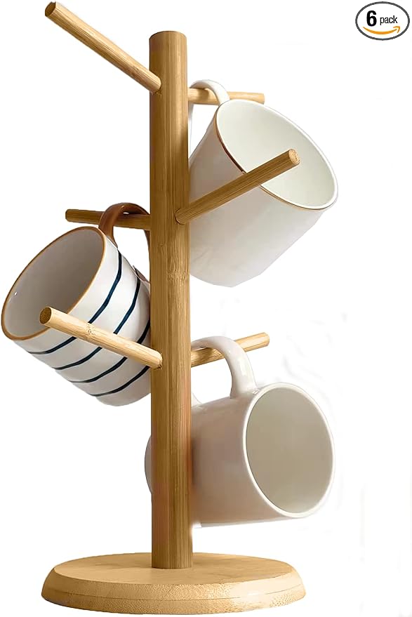 Dorhors Mug Tree,Coffee Cup Holder with 6 Hooks,Wood Mug Holder for Counter,Coffee Bar Accessories and Orgnizer station (Natural)