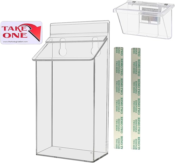 Outdoor Brochure Holder Holds 4" x 6" Advertising Postcards with 3.5" x 2" Box for Cards Clear Acrylic Wall Mount Pamphlets Box with Lid and Take One Sticker and Adhesive Strips by Marketing Holders