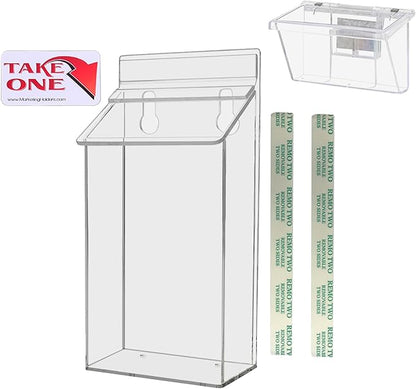 Outdoor Brochure Holder Holds 4" x 6" Advertising Postcards with 3.5" x 2" Box for Cards Clear Acrylic Wall Mount Pamphlets Box with Lid and Take One Sticker and Adhesive Strips by Marketing Holders