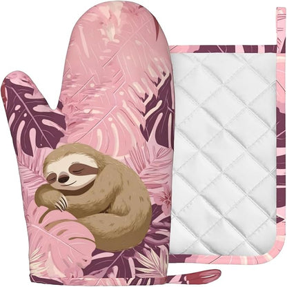 Pink Sloth Heat-Resistant Oven Mitts and Pot Holder Cute Animal Kitchen Non-Slip Silicone Cooking Microwave Gloves for Cooking Baking Grilling