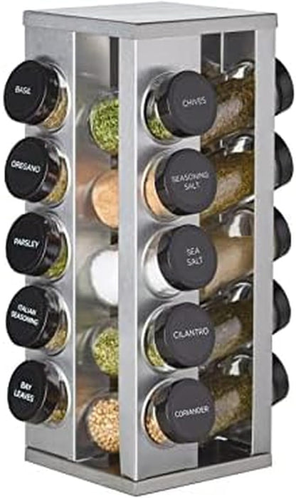 Kamenstein 20 Jar Heritage Revolving Spice Rack with Spices Included, Brushed Stainless Steel Rotating Countertop Organizer with Free Refills for 5 Years by Kamenstein
