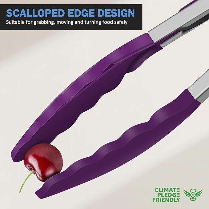 Kitchen Tongs, Stainless Steel Cooking Tongs with Silicone Tips, 600ºF High Heat-Resistant Non Scratch Locking Tongs for Cooking BBQ Grilling Air Fryer Pans, Set of 3 (7" 9" and 12") Purple - Image 3