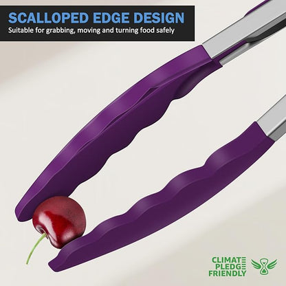 Tongs for Cooking, 600ºF High Heat-Resistant Stainless Steel Kitchen Tongs with Silicone Tips, Non Scratch, Locking Tong for BBQ Grilling Air Fryer Food Salads, Set of 2 (9" and 12") Purple - Image 3