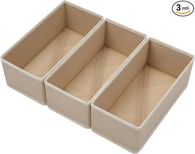 Bructhun Sock Drawer Organizer 3 Pack - Collapsible Fabric Storage Bins for Underwear Divider, Small Closet Organizers with 3 Compartments, Khaki by Bructhun