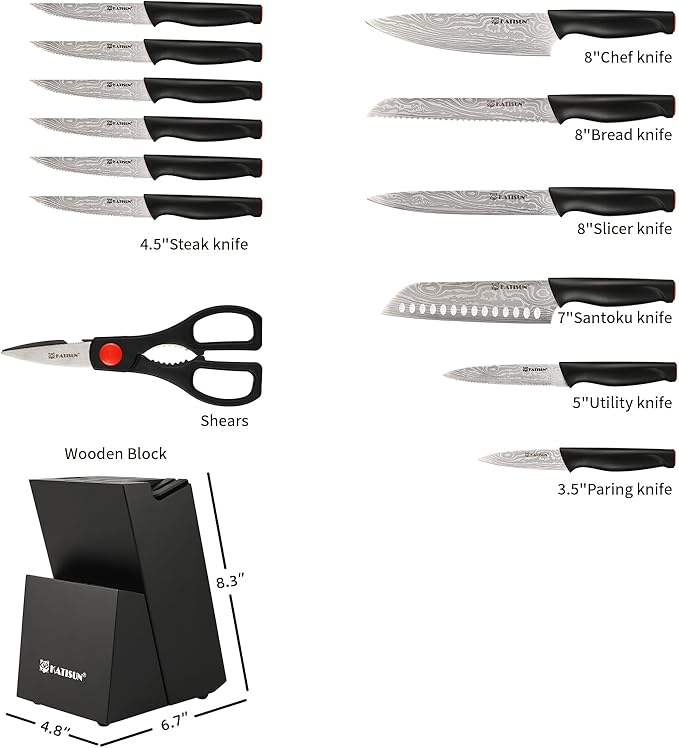 Damascus Pattern 15-Piece Kitchen Knife Set with Block, High Carbon Steel Chef Knife, Includes Sharpener and Scissors, Ergonomic Black Anti-Slip Handle and Red Trim, Perfect for Professionals - Image 2