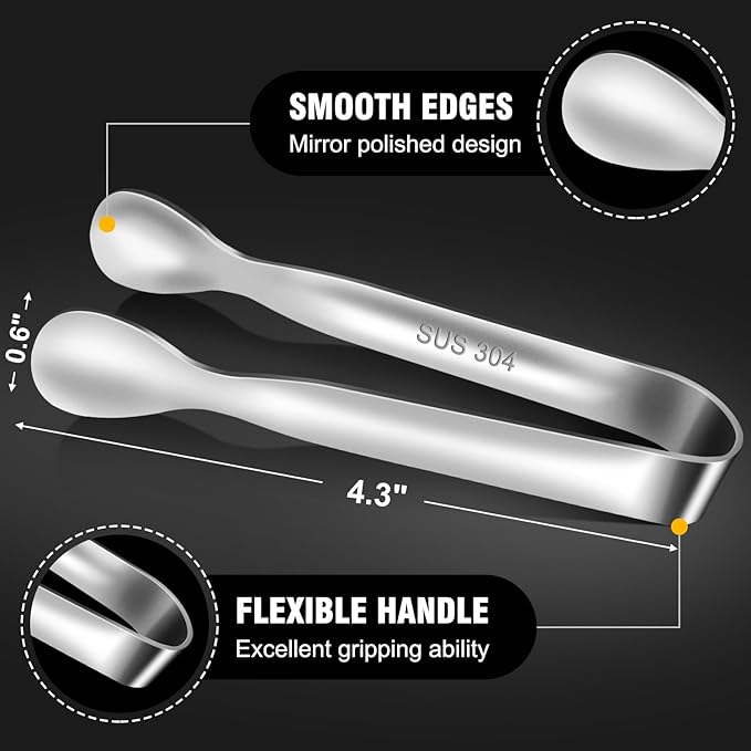 Eddeas Mini Tongs For Serving Food，Set fo 12 Small Tongs For Appetizers，Small Stainless Steel Metal Cooking Tong，for Tea Party Coffee Bar, 4 inch Sugar Tong - Silver - Image 5