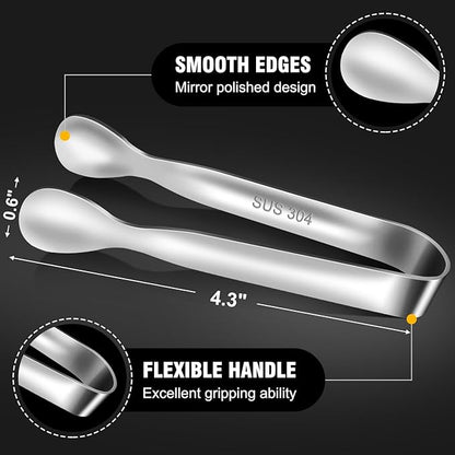 Eddeas Mini Tongs For Serving Food，Set fo 12 Small Tongs For Appetizers，Small Stainless Steel Metal Cooking Tong，for Tea Party Coffee Bar, 4 inch Sugar Tong - Silver - Image 5
