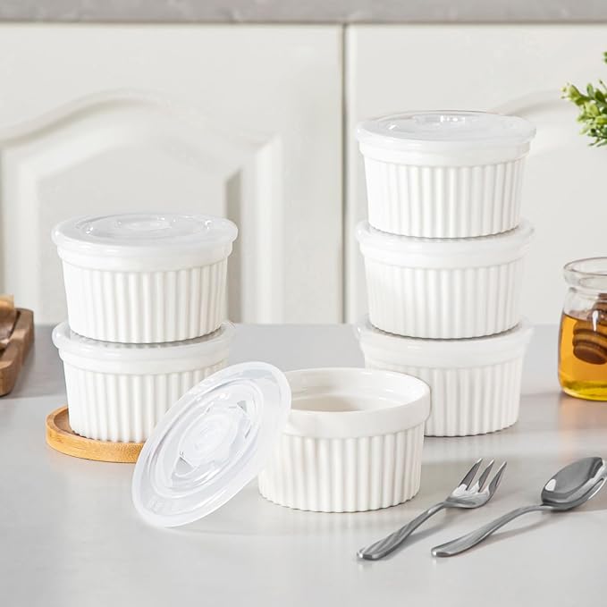 vancasso 6 oz Ramekins with Lid, Porcelain Creme Brulee Souffle Dishes, White Pudding Custard Cups Ramiken for Baking, Dishwasher and Oven Safe, Set of 6 - Image 6