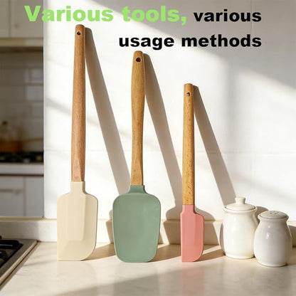 3PCS Silicone Spatula Wooden Handle Set, Heat Resistant Silicone Spatula, Spatulas Silicone Heat Resistant Wood, Rubber Spatula for Baking Non-Stick Cooking Mixing, Beige & Green & Pink