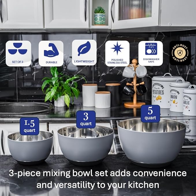 WHYSKO® Stainless Steel Mixing Bowls (Set of 3) with Non-Slip Silicone Base for Kitchen, Dishwasher Safe Bowls for Meal Prep, Cooking, Baking, Serving, Food Storage (Grey) - Image 2