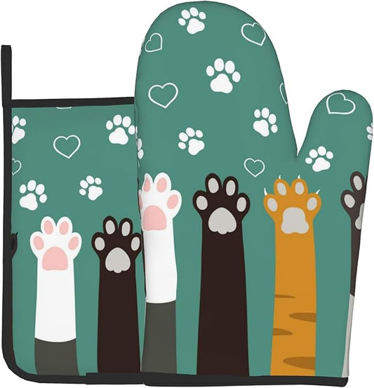 Cat Oven Mitt Potholders Sets - Paw Kitchen Mitts and Pot Holders Set of 2 Kitten Pet Oven Gloves Hot Pads for Cooking BBQ Baking Grilling by DZGlobal