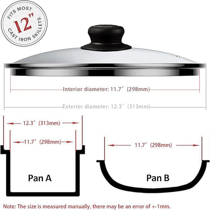 12 Inch Pan Lid - Glass Lids For Lodge 12" Cast Iron Skillet, Frying Pan, Wok, Pot Fry Pan And Dutch Ovens - Designed With Steam Vent Hole