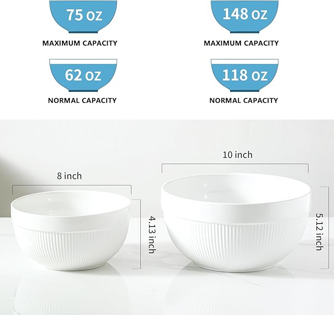Ceramic Large Mixing Bowls for Kitchen, Set of 2 Big Serving Bowls for Cooking, Popcorn, Salad, Soup, Baking, Dough Bread Making Bowl, 10 inch + 8 inch, White - Image 2