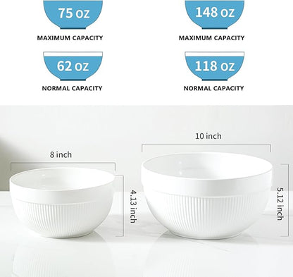 Ceramic Large Mixing Bowls for Kitchen, Set of 2 Big Serving Bowls for Cooking, Popcorn, Salad, Soup, Baking, Dough Bread Making Bowl, 10 inch + 8 inch, White - Image 2