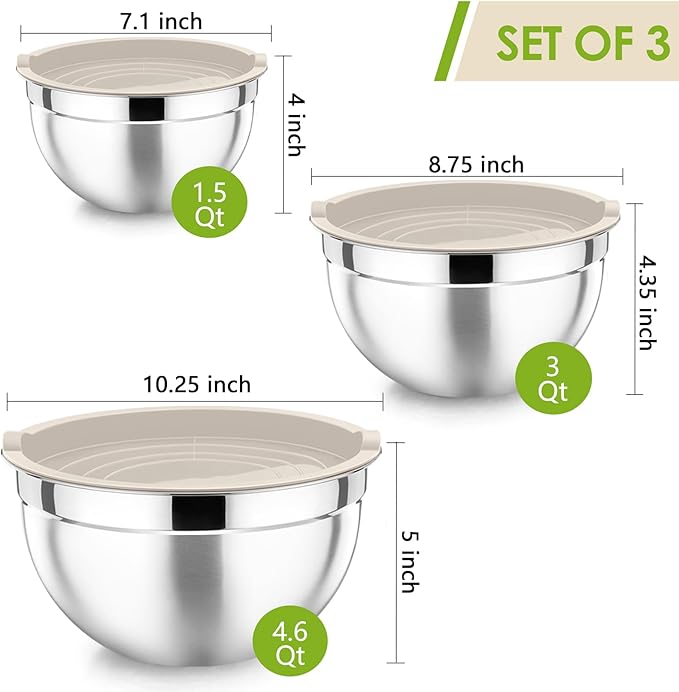 P&P CHEF Khaki Mixing Bowls with Lids, Set of 3, Stainless Steel Salad Nesting Bowl for Mixing, Storing, Prepping, Airtight & Stackable, Size 4.6/3 /1.5 QT - Image 2