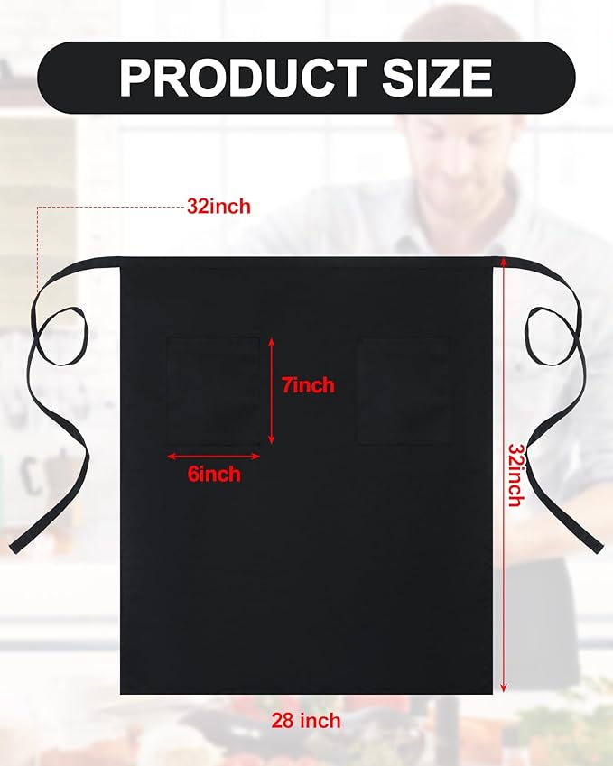 Xtinmee 4 Pcs Bistro Aprons 2 Pockets 32 Inch Waterproof Half Waist Black Bistro Apron with Long Waist Ties for Server Chef Waiter Waitress Bartender