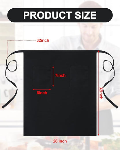Xtinmee 4 Pcs Bistro Aprons 2 Pockets 32 Inch Waterproof Half Waist Black Bistro Apron with Long Waist Ties for Server Chef Waiter Waitress Bartender