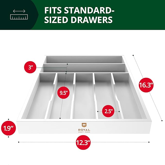 ROYAL CRAFT WOOD Luxury Bamboo Kitchen Drawer Organizer - Silverware Organizer - Utensil Holder and Cutlery Tray with Grooved Drawer Dividers for Flatware and Kitchen Utensils (7 Slot, White) - Image 2