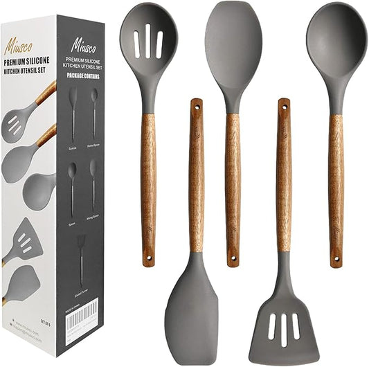 Kitchen Utensils Set, Silicone Cooking Utensils Set,Non-Stick Silicone Spatula Set with Natural Acacia Hard Wood Handle, 5 Piece, Upgraded Thickened Cookware by Miusco