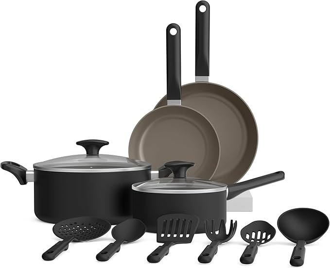 bella 12 Piece Cookware Set with EverGood™ Ceramic Nonstick Coating​, Dishwasher & Oven Safe, All Stovetops Compatible, Tempered Glass Lids and Cool Touch Handles, Black by bella