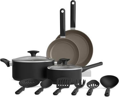 bella 12 Piece Cookware Set with EverGood™ Ceramic Nonstick Coating​, Dishwasher & Oven Safe, All Stovetops Compatible, Tempered Glass Lids and Cool Touch Handles, Black by bella
