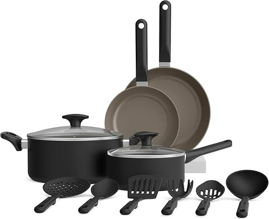 bella 12 Piece Cookware Set with EverGood™ Ceramic Nonstick Coating​, Dishwasher & Oven Safe, All Stovetops Compatible, Tempered Glass Lids and Cool Touch Handles, Black by bella