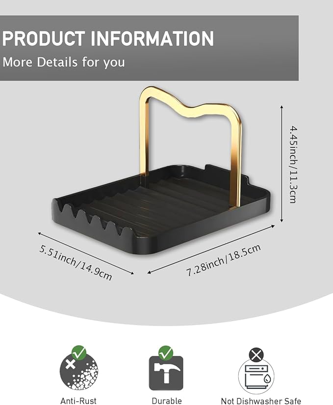 Anti-Rust Metal Spoon Rest with Lid Holder, Heat-Resistant Pot Lid Rest, Multifunctional Spatula Holder While Cooking for Stovetop and Kitchen Counter – Black Gold - Image 6