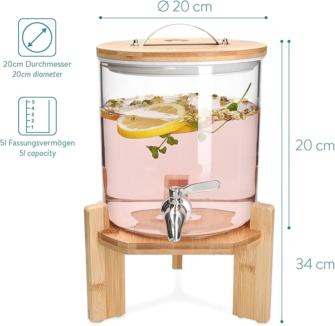Navaris Beverage Dispenser with Stand - 1.3 Gallon (5L) Glass Drink Dispenser with Spigot, Lid, Wood Stand for Hot or Cold Drinks, Ice Water, Parties