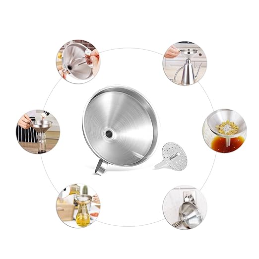 5-Inch Food Grade Stainless Steel Kitchen Funnel with Strainer Filter for Transferring of Liquid Dry Ingredients and Metal Cooking Funnel—Silver - Image 6