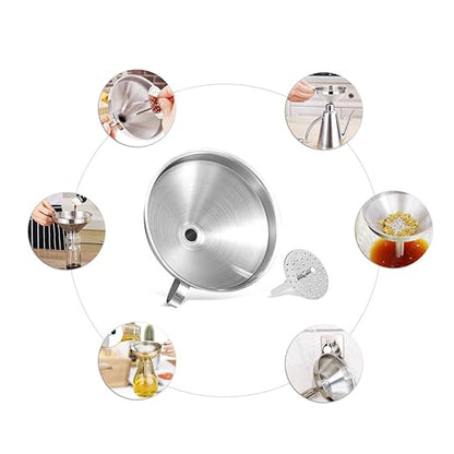 5-Inch Food Grade Stainless Steel Kitchen Funnel with Strainer Filter for Transferring of Liquid Dry Ingredients and Metal Cooking Funnel—Silver - Image 6