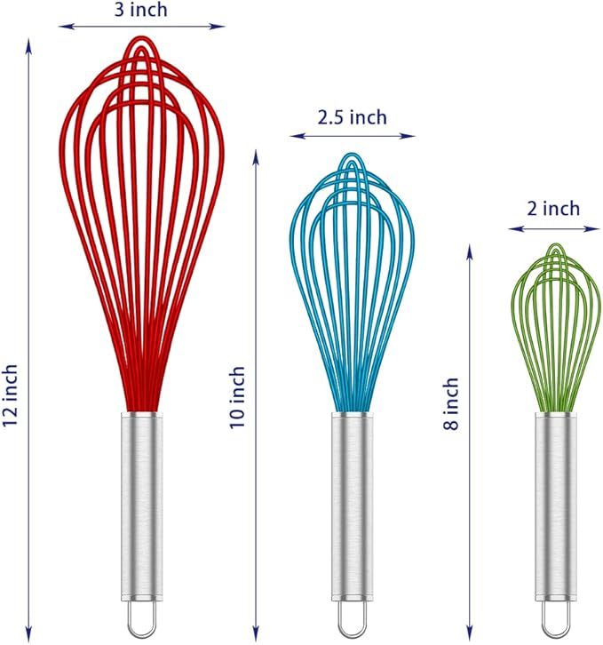 OYV Silicone Rubber Whisk,Premium Whisks For Cooking Non Scratch,Stainless Steel & Silicone Wisk For Nonstick Cookware Pans, High Heat Resistant kitchen Whisks set of 3,Red+Blue+Green - Image 6