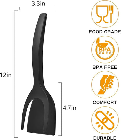 Egg Flipper Spatula 2 in 1 Grip and Flip Spatula Tongs Egg Spatula Flipper Made of High temperature resistant Nylon with Non-Stick Coating Egg Flipper for Home Kitchen Cooking Tool (black and gray)