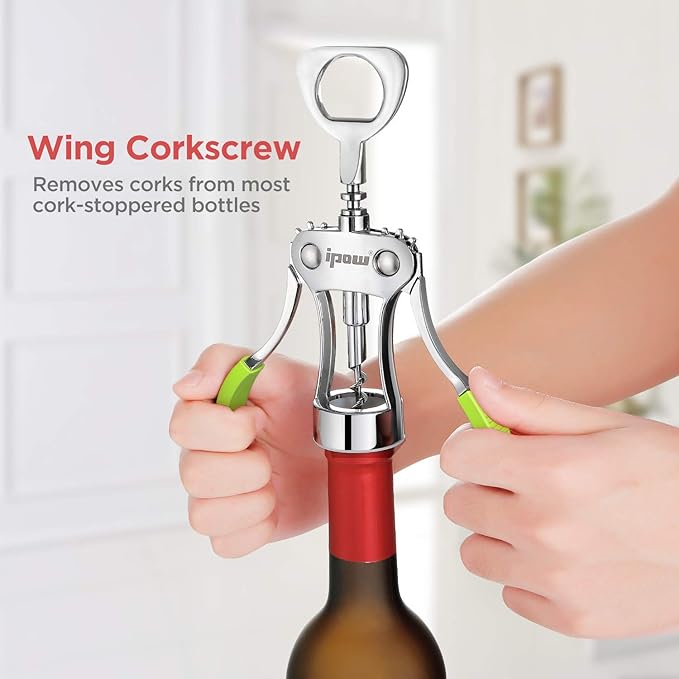 IPOW Wine Opener, Zinc Alloy Wine Bottle Opener, Wing Corkscrew Heavy Duty, Manual Multifunctional Cork Screw for Waiter, Green - Image 4