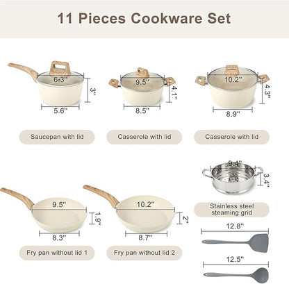 11 Pcs Pots and Pans Set, Nonstick Cookware Set with Lids and Wooden Handles, Silicone Spoons & Spatulas, Non-toxic Healthy Kitchen Cooking Set, PFAS & PFOA Free