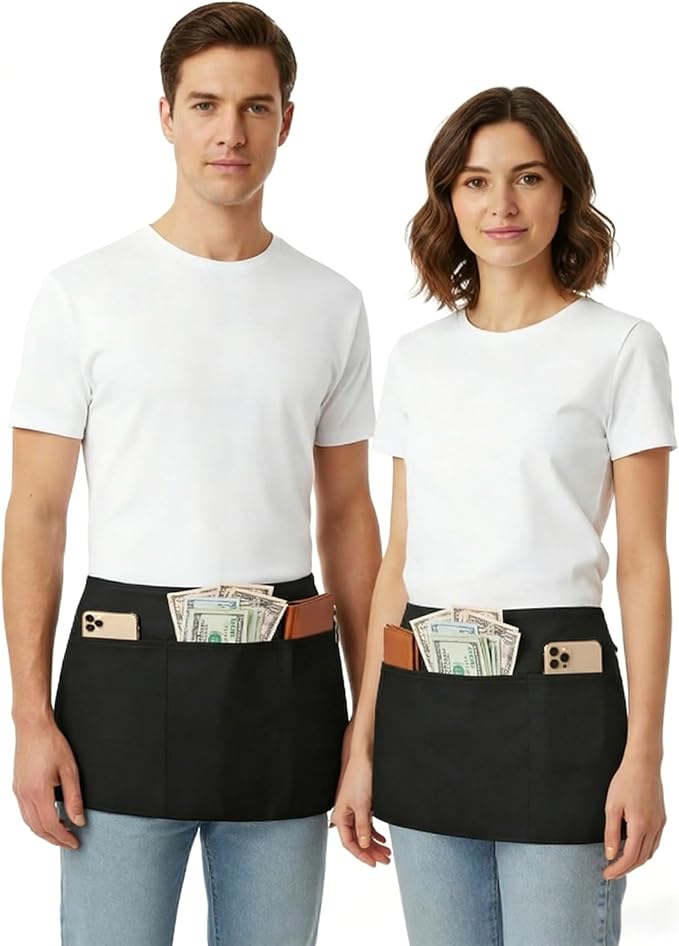 BOHARERS 3 Pack Server Aprons With 3 Pockets, Oil & Waterproof Waitress Waiter Short Half Waist Apron