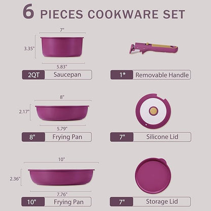 CAROTE Ceramic Pots and Pans Set, Nonstick Cookware Set Detachable Handle, 6pcs Induction Kitchen Cookware Sets Non Stick with Removable Handle, RV Cookware Set, Oven Safe, Purple - Image 2